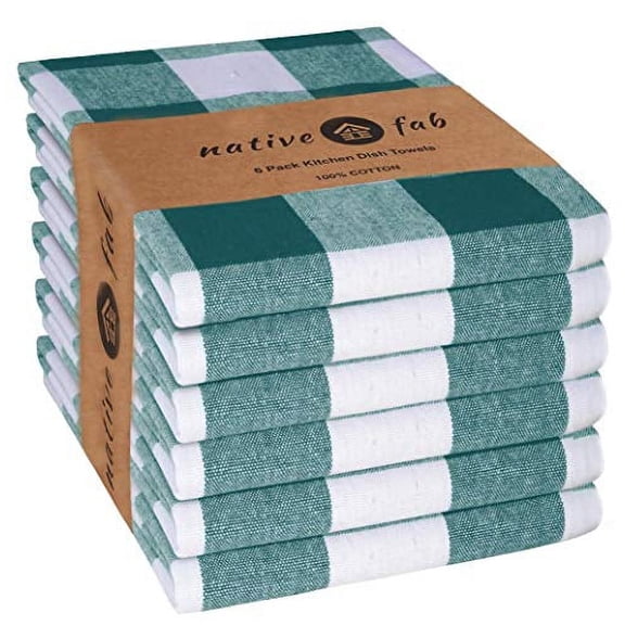 Native Fab 100% Cotton Kitchen Dish Towels 16x26 Pack 6 Absorbent Restaurant Gingham Check Buffalo Plaid Hanging Loop Teal Green White