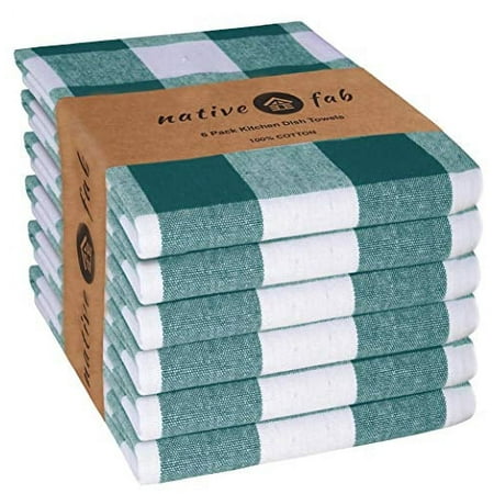 

Native Fab 100% Cotton Kitchen Dish Towels 16x26 Pack 6 Absorbent Restaurant Gingham Check Buffalo Plaid Hanging Loop Teal Green White