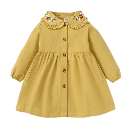 

NZRVAWS Baby Girls Dress Solid Color Embroidered Doll Collar Button Long Sleeve Dress 1Pcs Sun Dress 18-24 Months Yellow