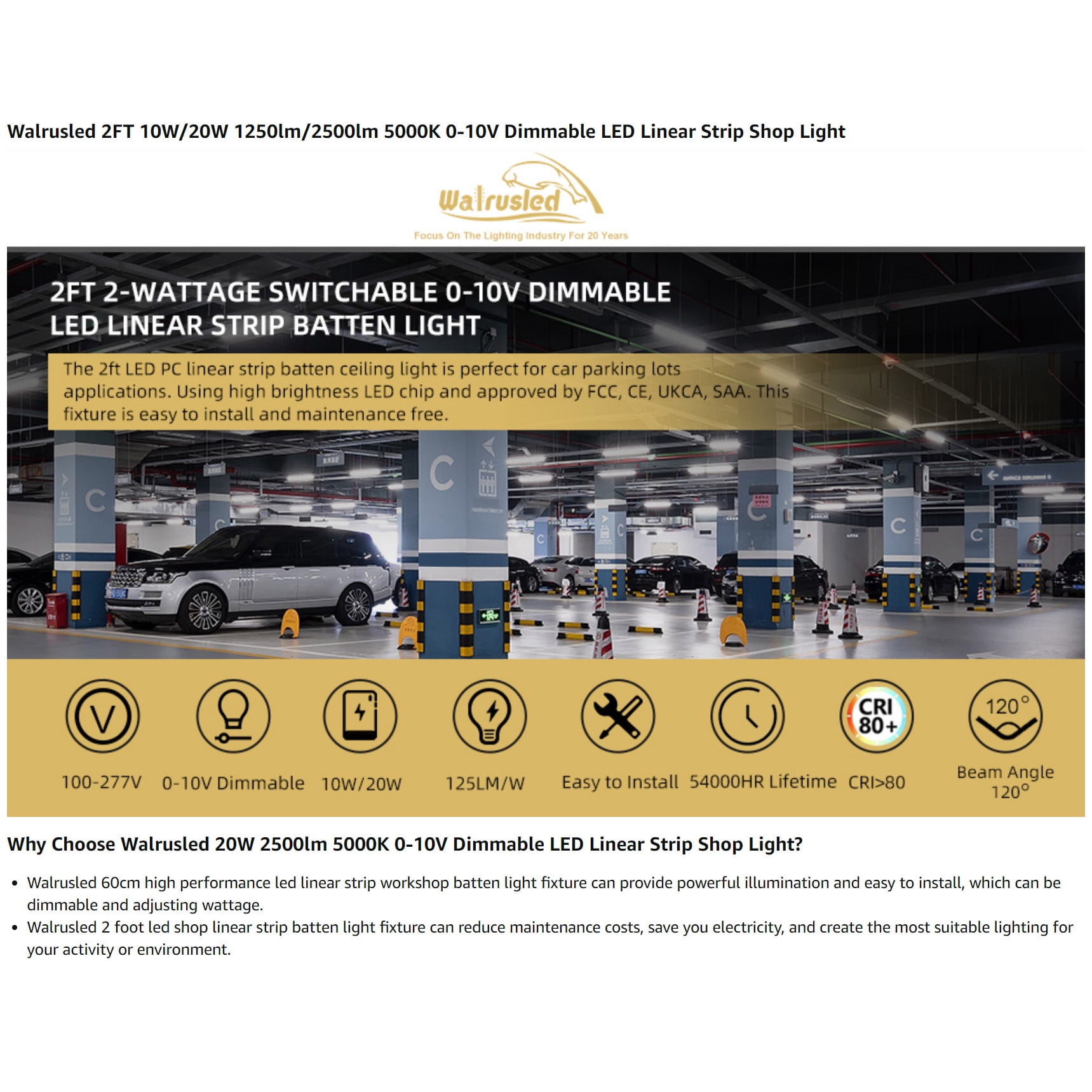 2FT LED Linear Strip Stairwell Light, 10W/20W 2 Watt Selectable, 1250lm/2500lm 5000K, 100-277V, IP20,0-10V Dimmable 2 ft Commercial Linkable LED Shop Ceiling Light Fixture for Office Workshop,ETL/DLC