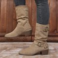 thumbnail image 4 of Shrysg Women's Mid Calf Vintage Double Buckle Comfortable Slouchy Boots Pointed Toe Chunky Heel Slip-On Boots for Fall Winter Daily Wear Party Office Khaki, 4 of 9