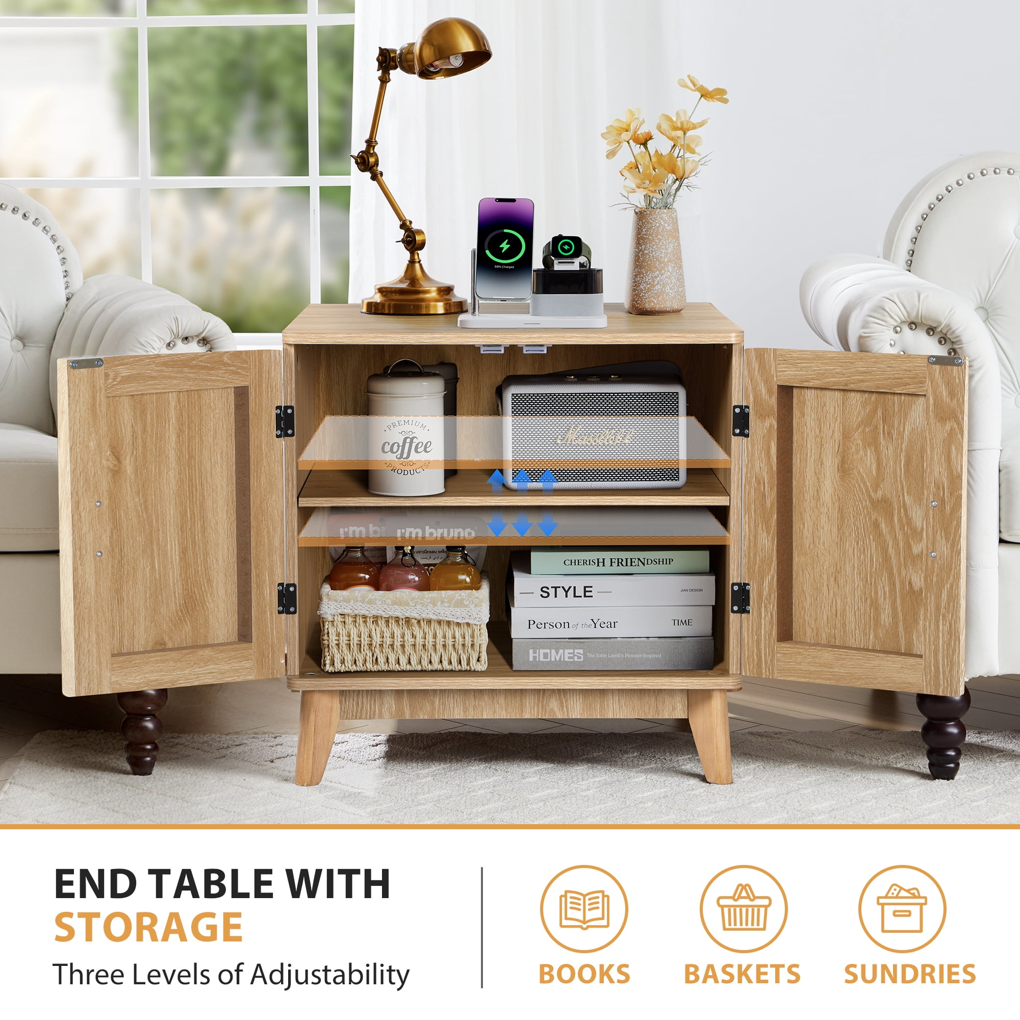 YOCWO Fluted Square Nightstand with Charging Station for Bedroom, Wood End Table with 2 Door for Living Room, Beige