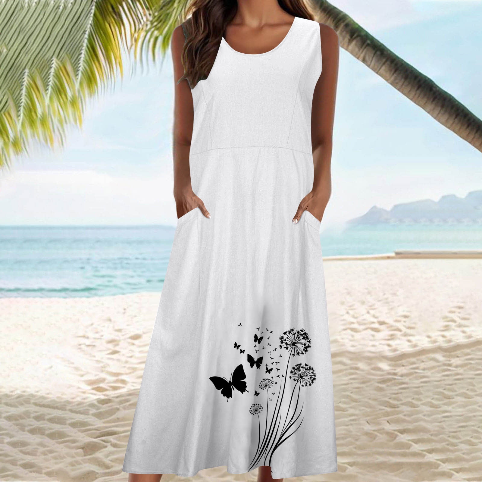 SKIYLEVZ Dresses for Women 2026 Casual Spring Fashion Solid Color Sleeveless Round Neck Pocket Dress Skirt Loose Flowy Beach Sundress White (Size:S-