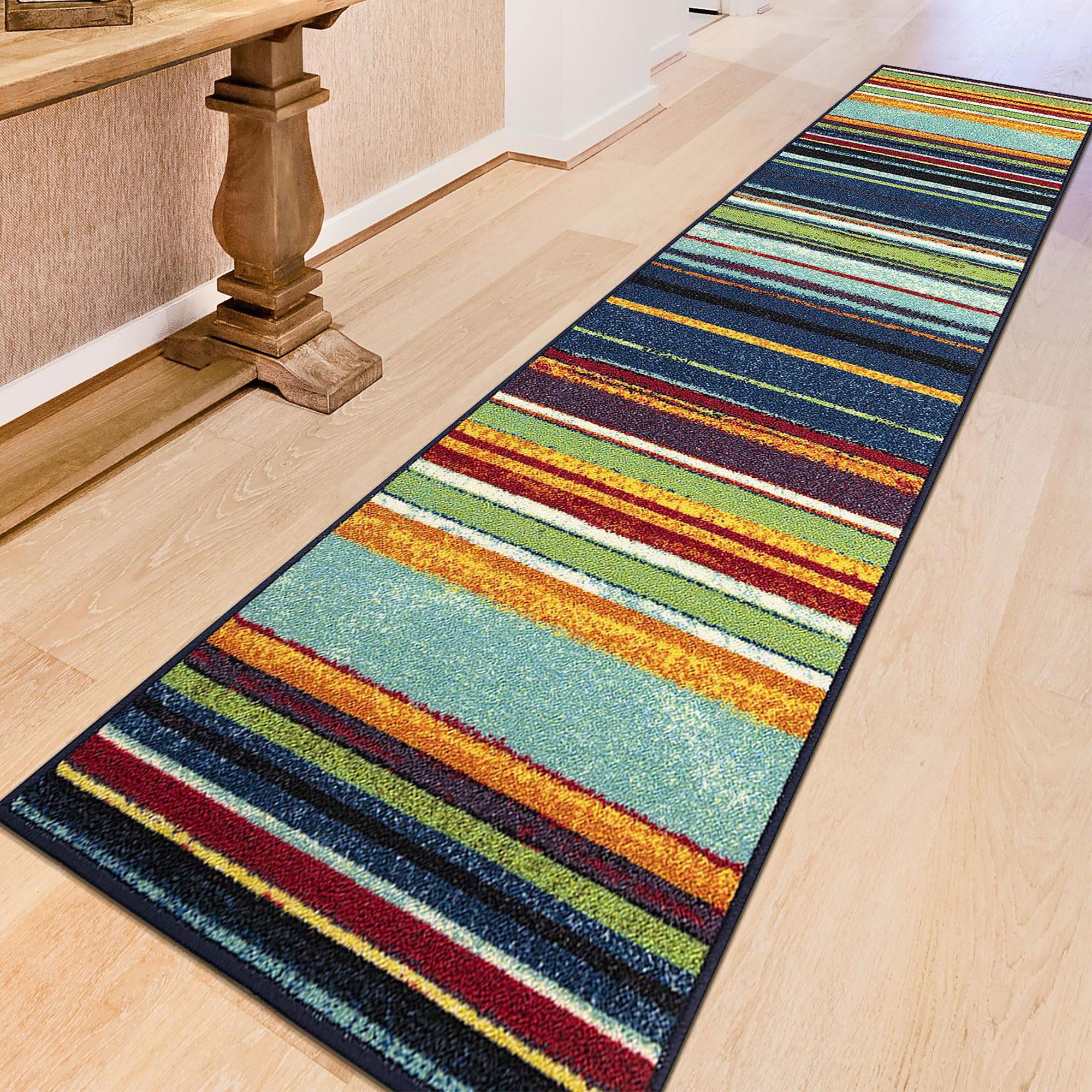 Ottomanson Striped Kitchen Runner Rug 1'10" x 7' - Non Slip Low Pile Carpet, Multicolor