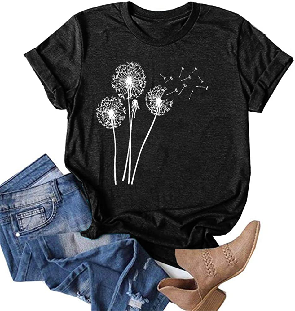 Casual Make a Wish Dandelion Womens T-Shirt Cute Graphic Short Sleeve Summer Tee Shirts with Funny Sayings