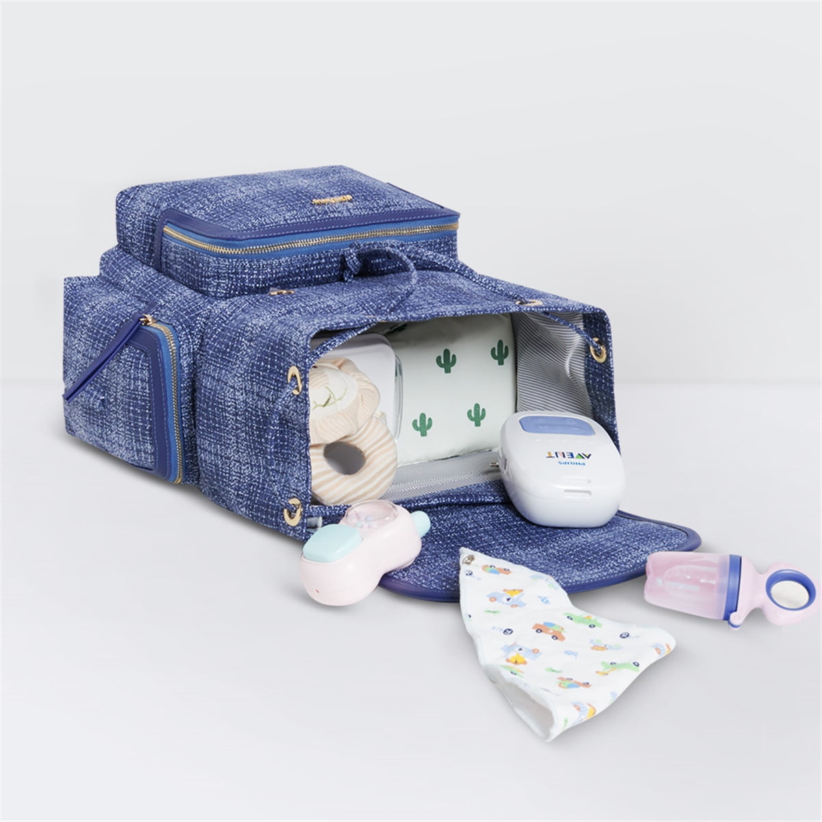 Sunveno Tweed Backpack Large Capacity Diaper Bag Nappy Organizer Backpack, Blue