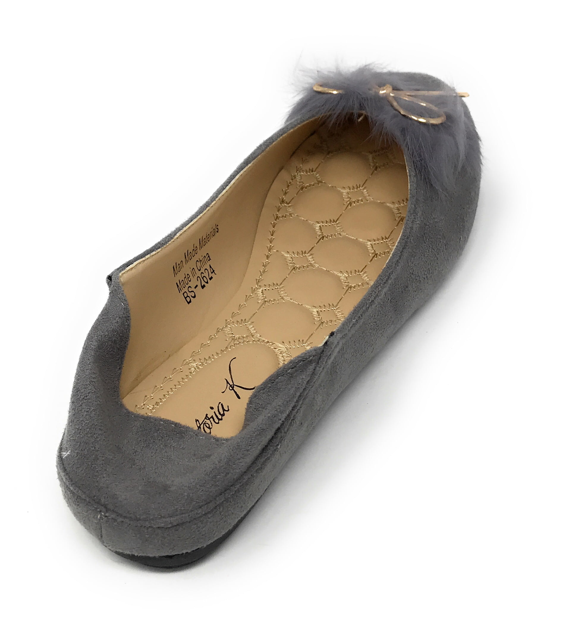 Victoria K Women's Foldover Sueded Faux Fur Gold Bow Ballerina Flats