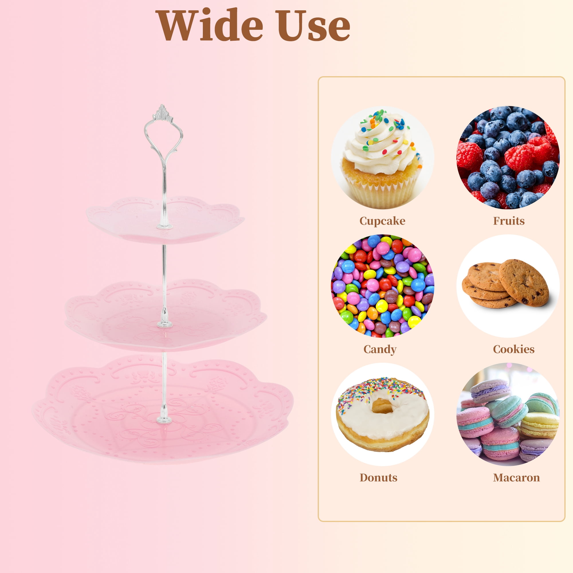 Unique Bargains 3 Tier Dessert Cupcake Stand Holder Round Cup Cake Tower Pink