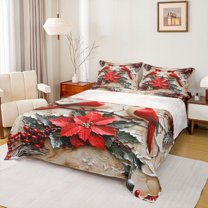 Manfei Merry Christmas Twin Sheet Sets,Wild Cardinal Bird Twin Fitted Sheet,Red Berry Xmas Floral Flat Sheet For Men Women,Breathable Home Decor,3 Pieces