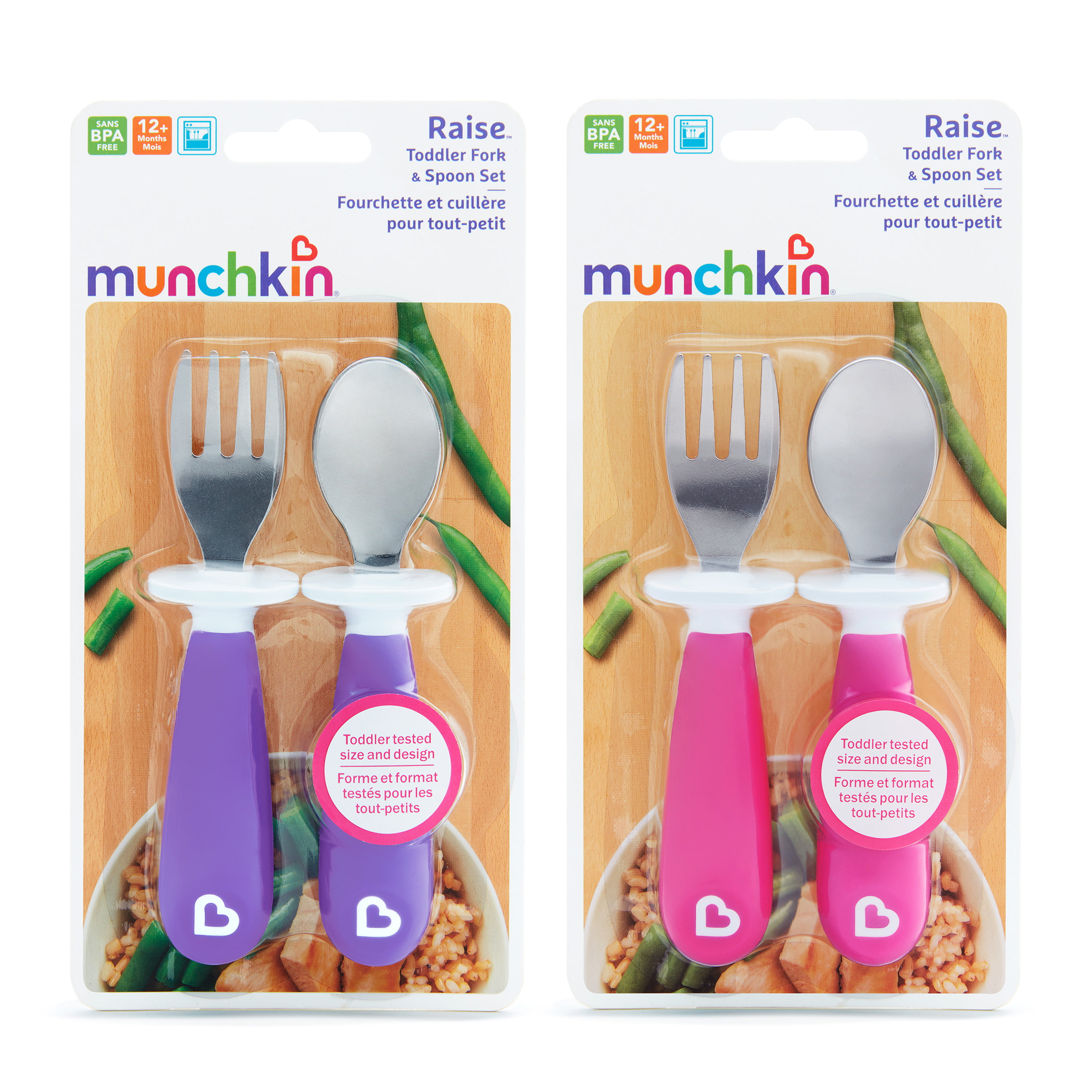 Munchkin Raise Toddler Fork and Spoon, 4 Pack, Pink/Purple, 12+