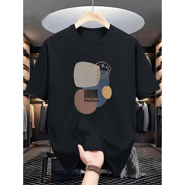 Camiseta gráfica antiarrugas Mogao para hombre: transpirable, de secado rápido, informal, de cuello redondo con estampado geométrico abstracto en beige, marrón y azul. Tejido de poliéster ligero para
