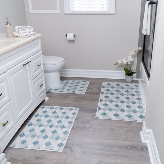 SussexHome Geometric Design 3 Piece Bathroom Rugs Set - Non-Slip Ultra Thin Bath Rugs for Bathroom Floor - Washable Cotton Bathroom Mats Set