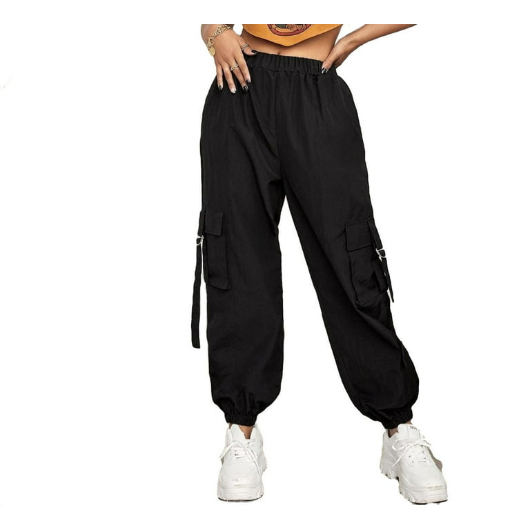 Women Black Cotton Side Pocket Straight Cargo Pants-45606