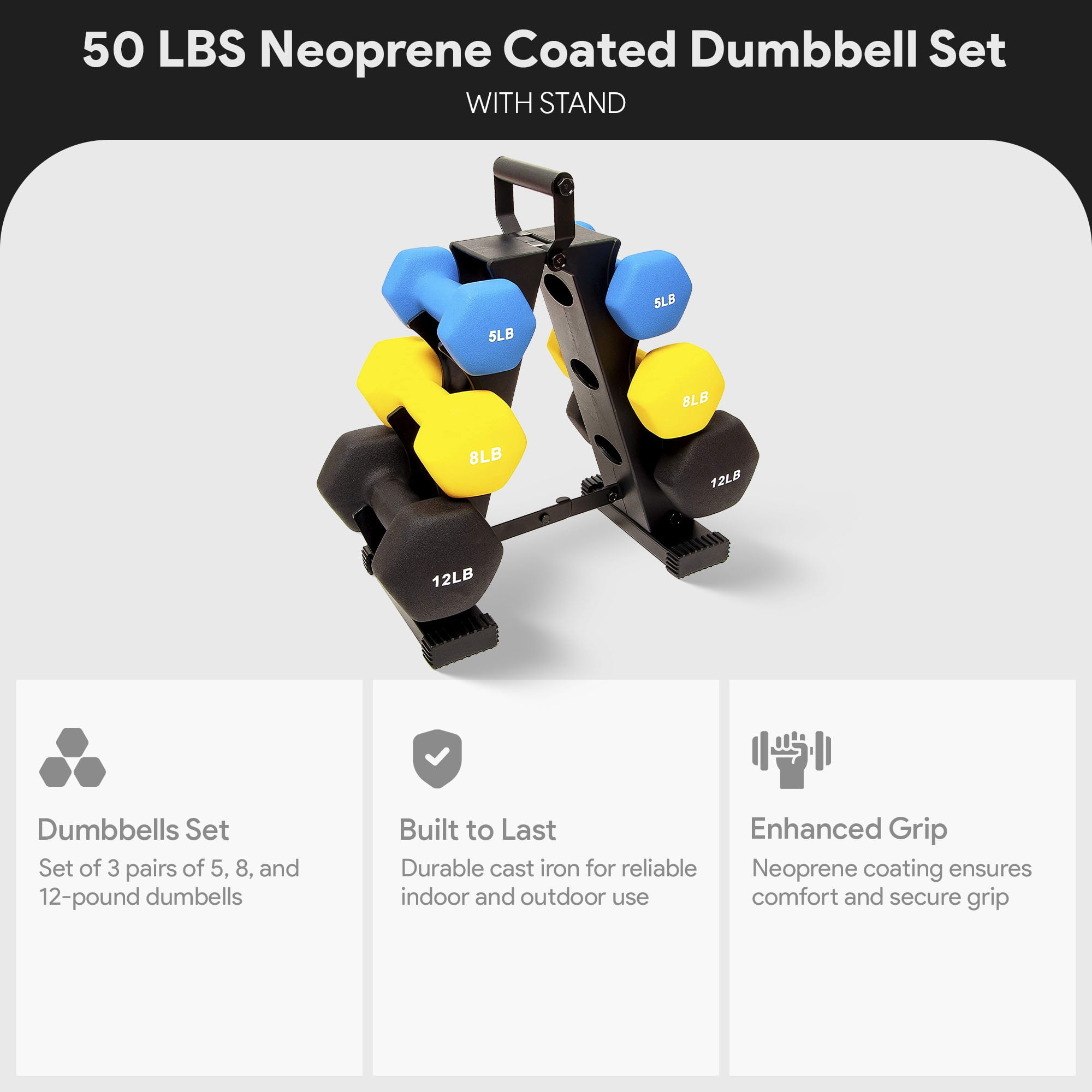 Ader Rubber Dumbbell Set With Rack - 5lb, 8lb, 12lb Pairs (50lb Total), Octagon Shape, Chrome Knurled Handles