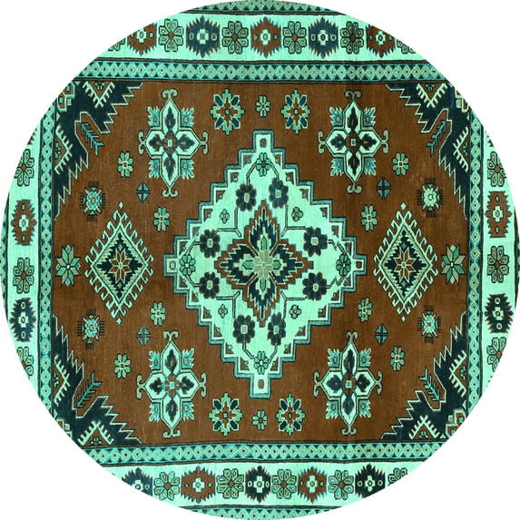 Ahgly Company Indoor Round Geometric Turquoise Blue Traditional Area Rugs, 4' Round