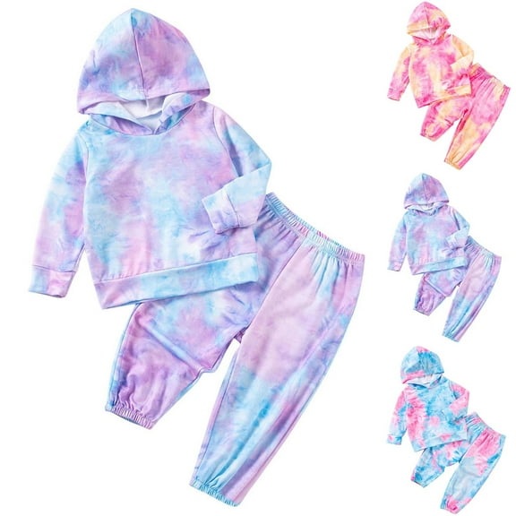 WRKEKC Toddler Kids Winter Outfits 2-Piece Vibrant Tie-Dye Print Hooded Long-Sleeve Top and Cuffed Elastic-Waist Jogger Pants Casual Cozy Set 0-6 Years