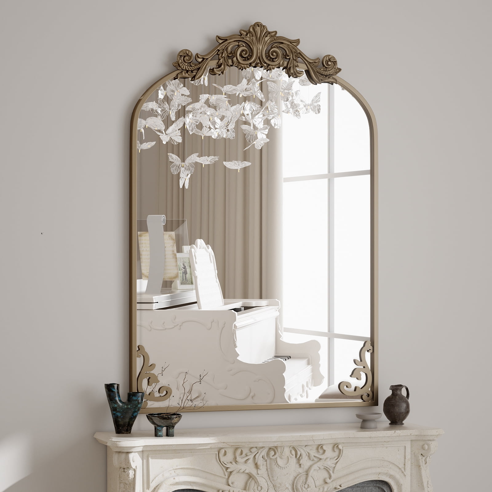 BEAUTYPEAK 38"x24" Vanity Wall Mirror Decorative Vintage Arch Bathroom Mirror,Bronze