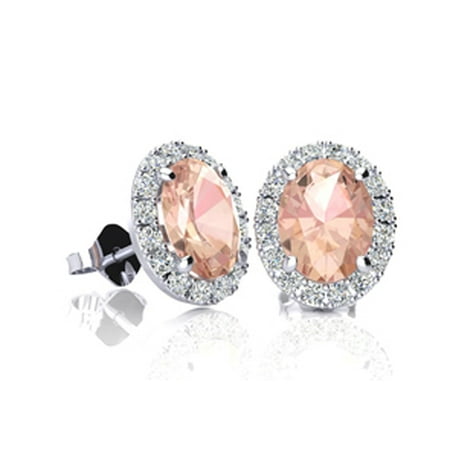 1 Carat Oval Shape Morganite and Halo Diamond Stud Earrings In 14 Karat White Gold