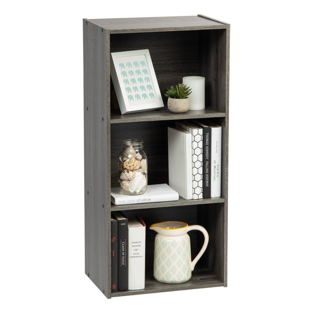 Details about   Gray Grey Oak Wooden 3 Shelf Bookcase Storage Tier Media Center Books Toys Curio 