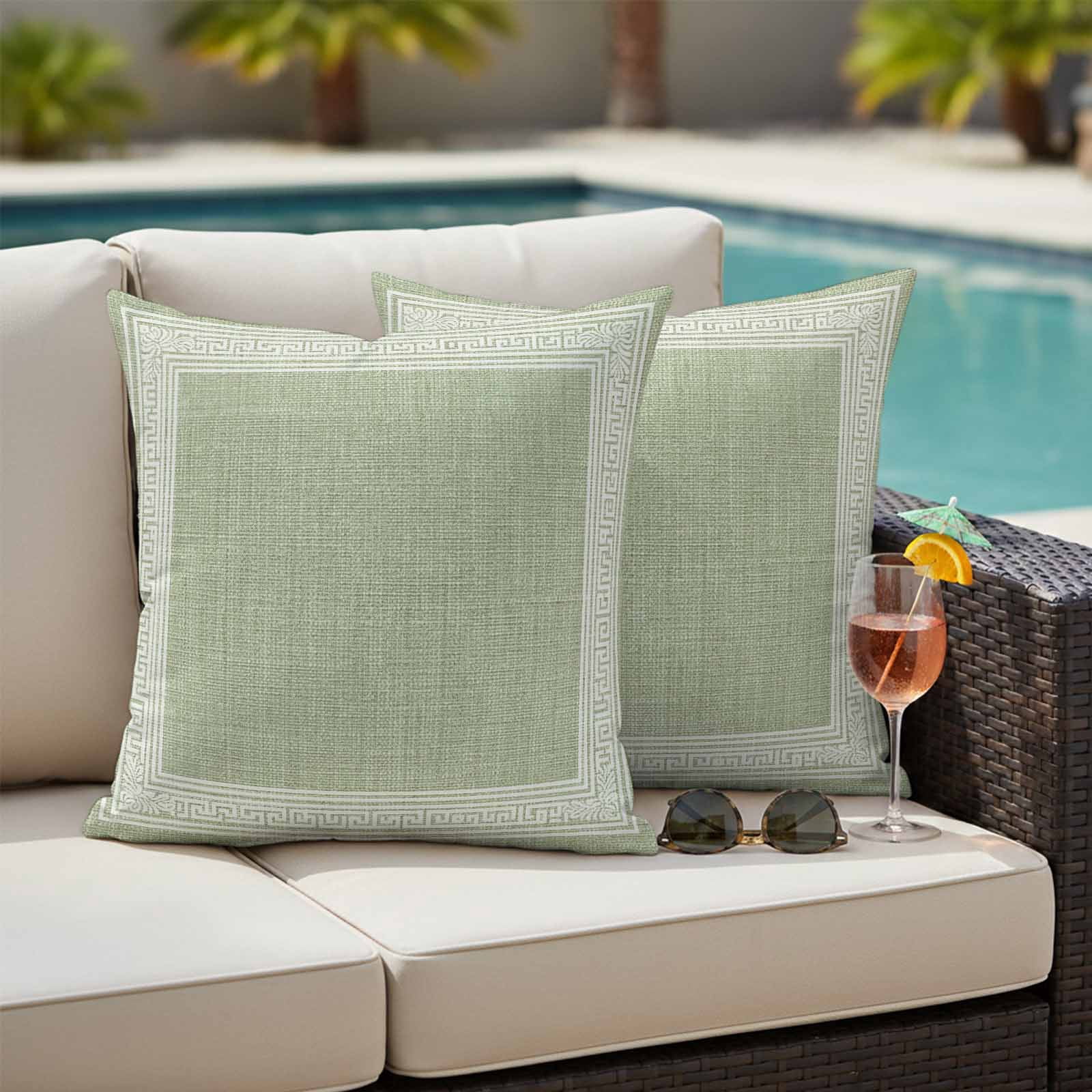 Waterproof Throw Pillow Covers 16x16 Set of 2, Sage Green Linen Burlap Key Outdoor Pillowcases Invisible Zipper, Abstract Greek Inspired Texture Decorative Cushion Covers for Patio Garden Sofa Couch