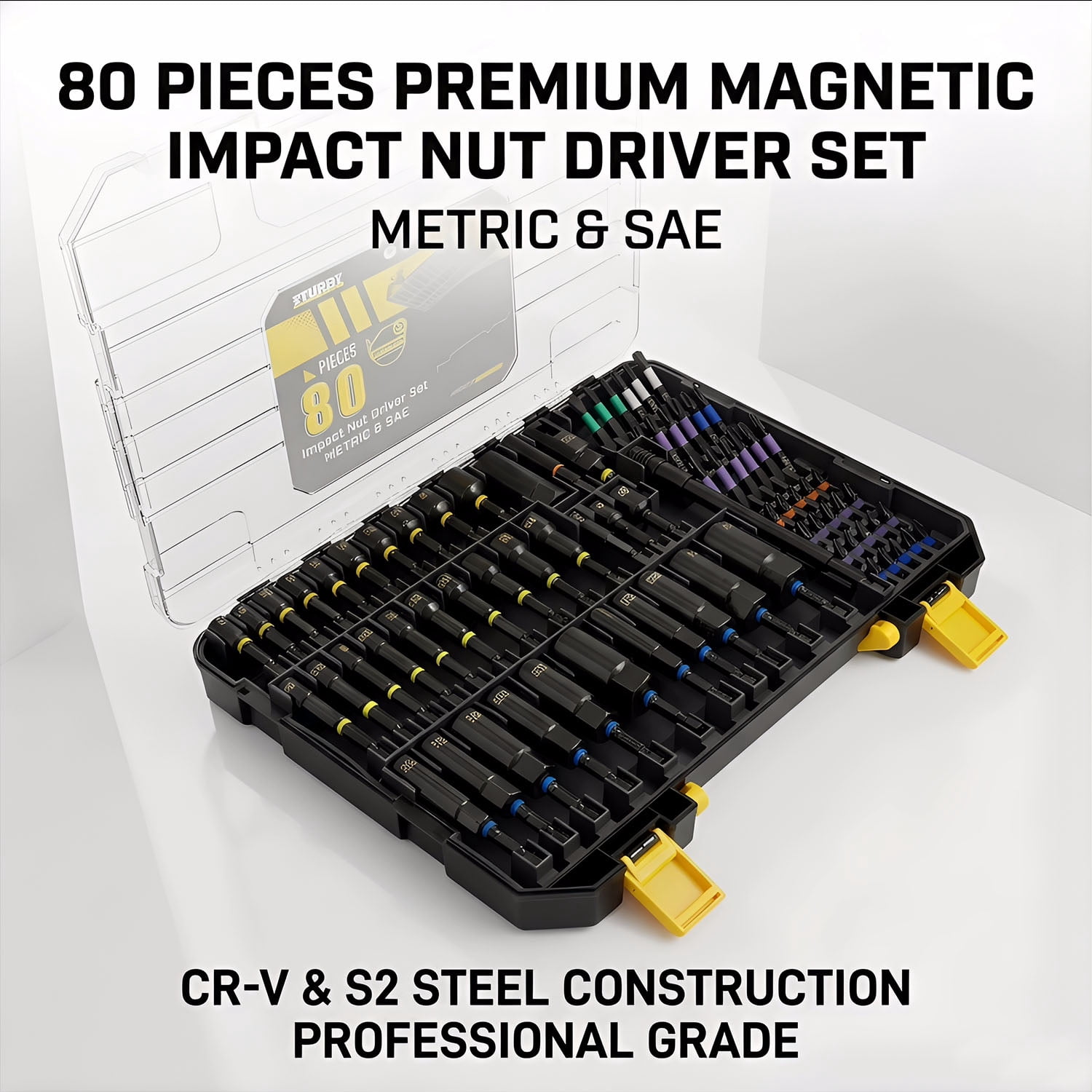 80Pcs Premium Magnetic Impact Nut Driver Set with Socket Adapters, Bit Holder, Wing Nut Driver, Universal Sockets, Quick Release Extension, Power Bits
