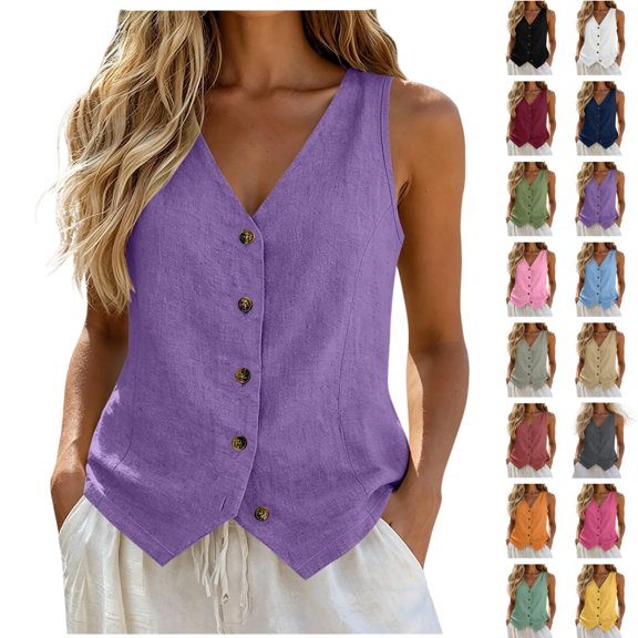 Seffadzy Women's Plus Size Tank Top Linen V Neck with Button Front Casual Sleeveless Blouse Solid Color Breathable Lightweight Relaxed Fit for Everyday Wear