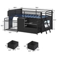 thumbnail image 2 of Low Loft Bed Twin Size with 5 Storage Drawers, Bookcase, LED Lights and Stuffed Animal Organizer, Metal Loft Bed with 13" H Safety Guardrail, Inclined Ladder and Under-Bed Play Space, Black, 2 of 8