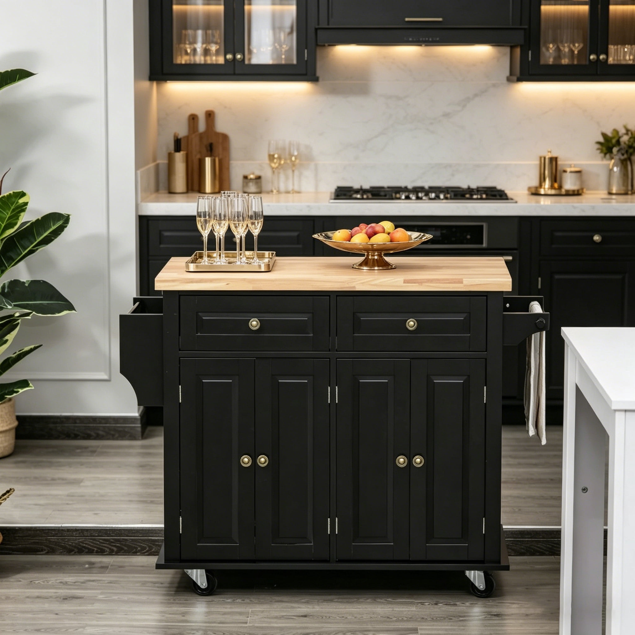 Kitchen Island Cart, 43.75" W Rolling Kitchen Storage Cabinet with 2 Drawers, Adjustable Shelf Cabinets, Towel Bar & Spice Rack, Rubberwood Tabletop, Mobile Casters