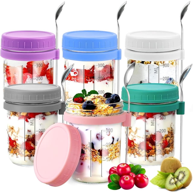 Recipientes de Avena, Pack Tarros de Vidrio con Tapa Hermética y Cuchara, Overnight Oats Jar Reutilizables para Yogurt, Café, Té, Azúcar, Especias, Leche y Ensaladas