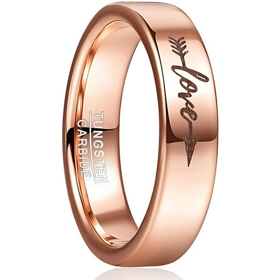 6mm Women's Rose Gold Wedding Band Tungsten Ring Engraved with Love and Arrow Flat Edges