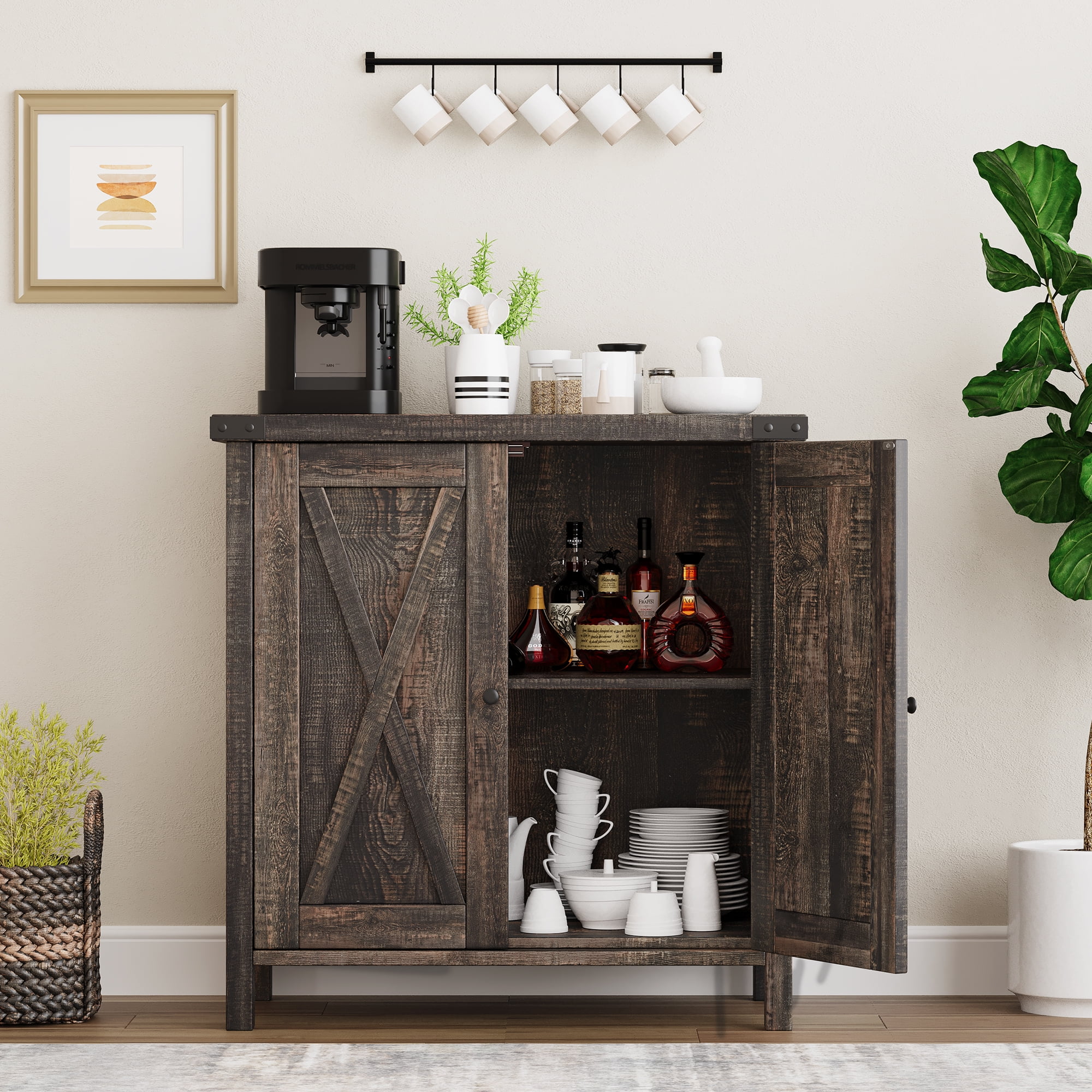 Yeshouse Storage Cabinet with Doors and Shelves, Dark antique oak, 30” L x 15.7” W x 31.5” H Inches