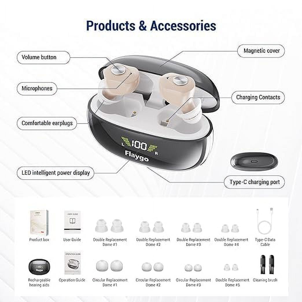 Adofi Hearing Aids, Rechargeable Digital In-the-Ear Hearing Aid Set with 8 Pairs of Soft Domes, 3.3 Gram Piece