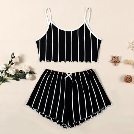 

QWANG Women Stripe Print Sets Wear Wear Home Sleep Set Camisole Tops+Pants