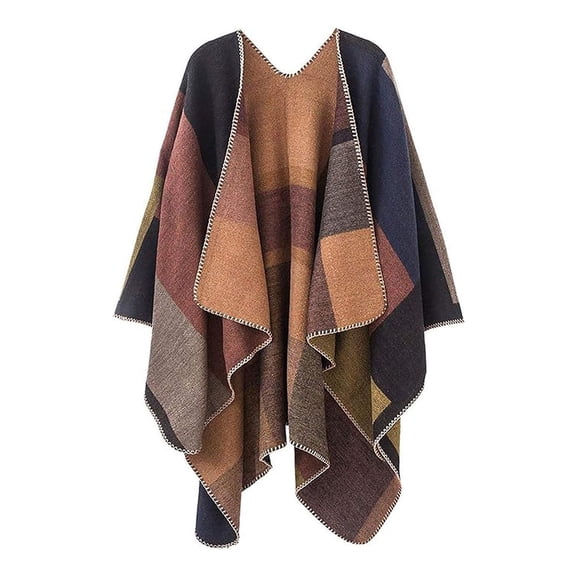 SnnmBlm Womens Color Block Shawl Wrap Plus Size Cardigan Poncho Cape Open Front Long Winter Sweater Coat Ginger One Size