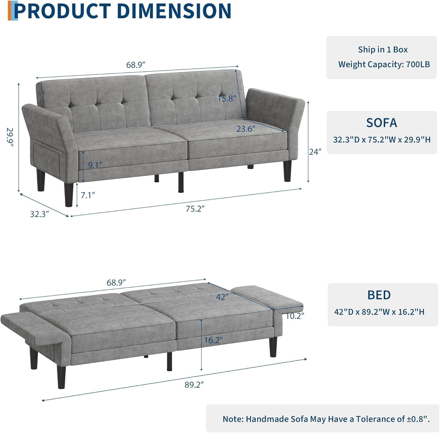 Luku 89" Convertible Futon Sofa Bed, Deep Seat Sleeper Couch with Adjustable Backrest & Armrests