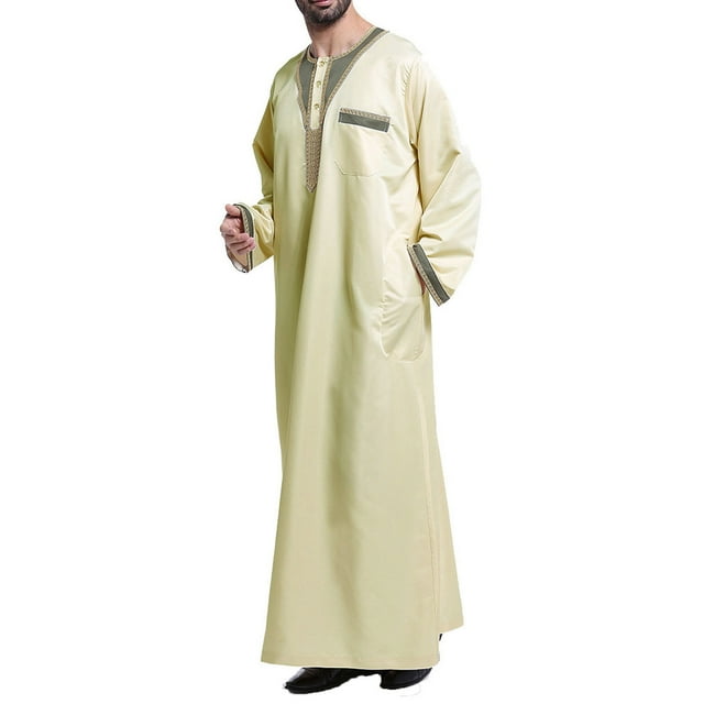 Pompotops Men's Muslim Robe Arab Middle Robe Pattern Embroidery Long Sleeve Standing Neck Pocket Long Shirt Fashion Casual Robe on Sale