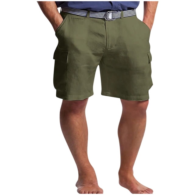 pstuiky Pantalones cortos para hombre, Pantalones cortos casuales de lino para hombre, con múltiples bolsillos, rectos, de color liso, cómodos y transpirables.