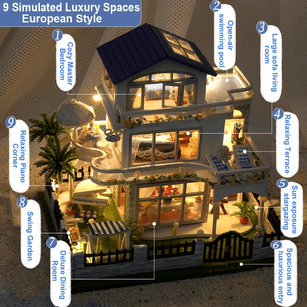 DIY Miniature House Kit, BUSATIA Mini House Kit for Beginners, Creative Doll House, Mayberry Street Miniatures, Model Building Craft Diorama Kit, Ideal Gifts for Birthday, Christmas(Blue Mansion)