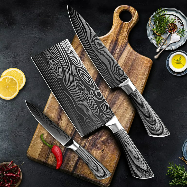 Kitchen Knife Set 5 7 8 Stainless Steel Chef Knives Damascus Laser  Japanese Knives Utility Slicing Butcher Knife Chinese Meat Cleave,Gray 