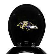 Black Round Molded Wood Toilet Seat Featuring Your Choice of a Football Team Logo Vinyl Decal on the Underside of the Toilet Seat Lid (Ravens Side View)