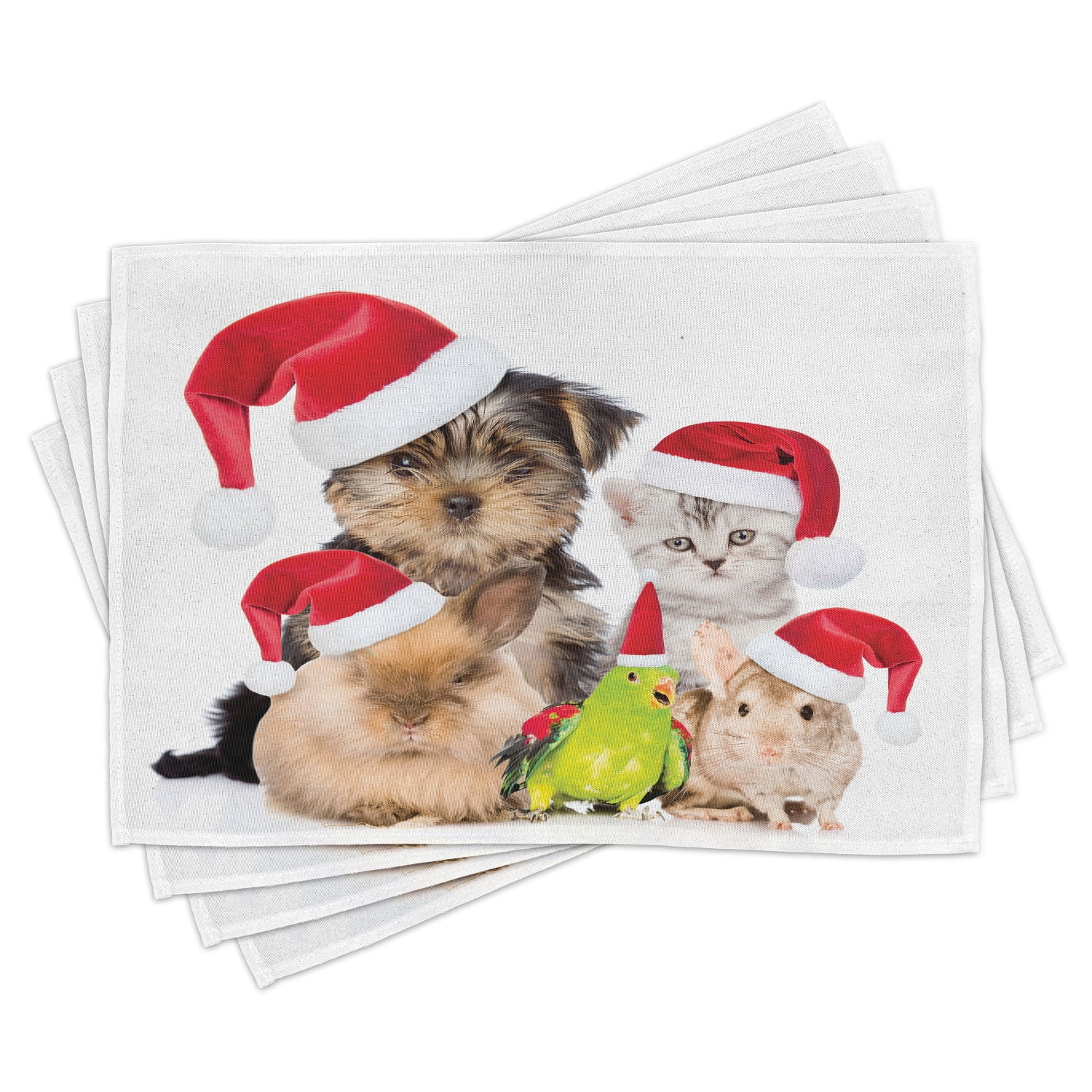 Christmas Placemats Set of 4 Xmas Crew Cat Dog Bird Mouse and Rabbit