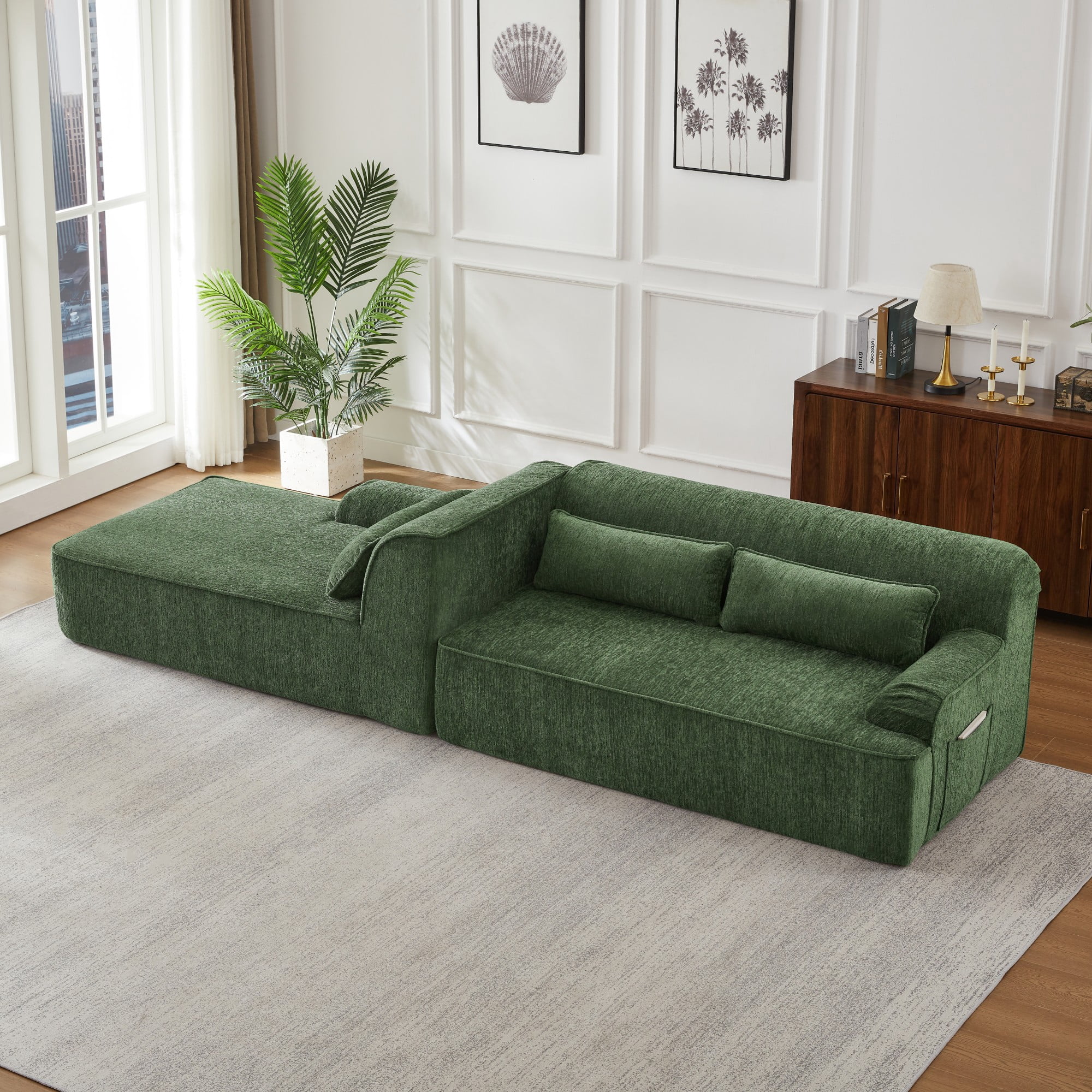 AENKYO Chenille L-Shaped Oversized Sectional Sofa, Minimalist Sleeper Couch for Living Room or Apartment, No Assembly Required (Green,Left-Facing Chaise)