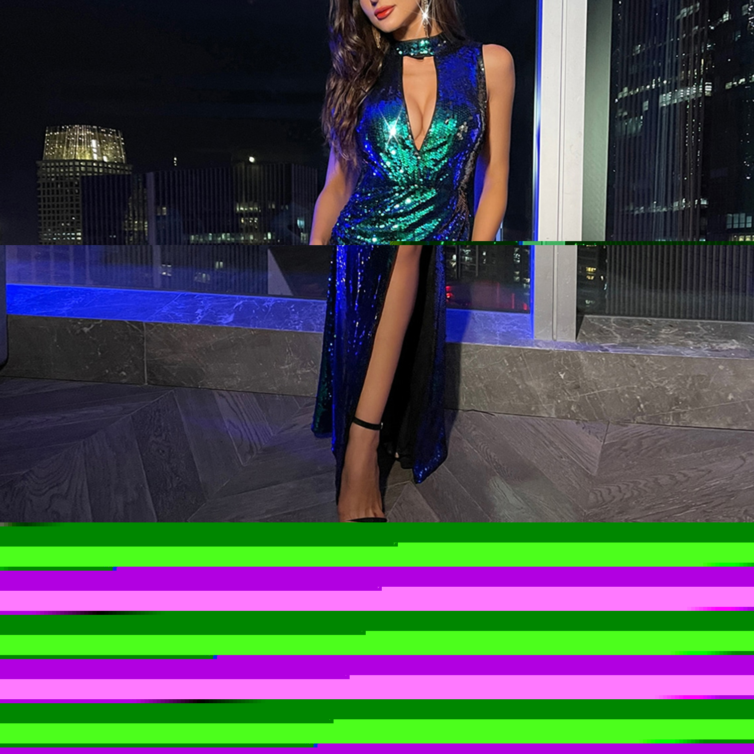 thumbnail image 4 of SWSMCLT Women's Evening Gown High-split Sequin Bodycon Homecoming Dresses High Neck Cocktail Cut Out Green 12, 4 of 5