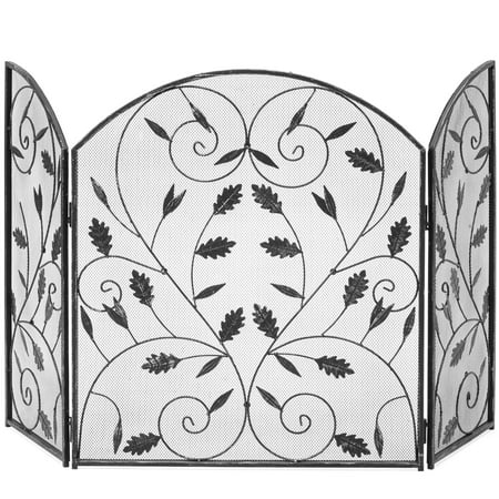 Three Panel Fireplace Screen Best Choice Products 3-Panel Steel Metal Mesh Protective Fireplace Screen Decor with Rustic Worn Finish, Scroll Leaf Decals, Black ()