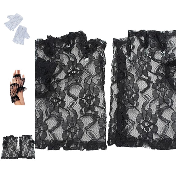GPOECD Lace Gloves Women Net Fingerless Fancy Sun Protection Black Mittens 1980S Party Dress