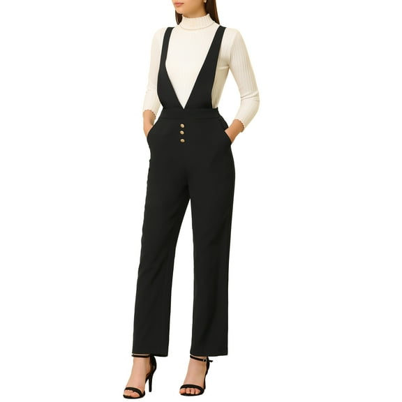 INSPIRE CHIC Women's Overalls Wide Leg Pants Slant Pocket Long Suspenders Jumpsuit S Black