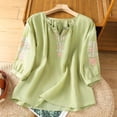 thumbnail image 4 of Cmfcve Tops for Women 2026 Cotton Linen T Shirts Retro Plus Size 3/4 Sleeve V Neck Embroidered Blouse, 4 of 5