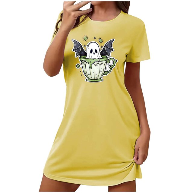 Sakmal Robe de Nuit pour Femmes Grande Taille Courte Halloween Jaune Mignonne Robe de Nuit Imprimé Fantôme Manches Courtes Robes de Nuit pour Femmes