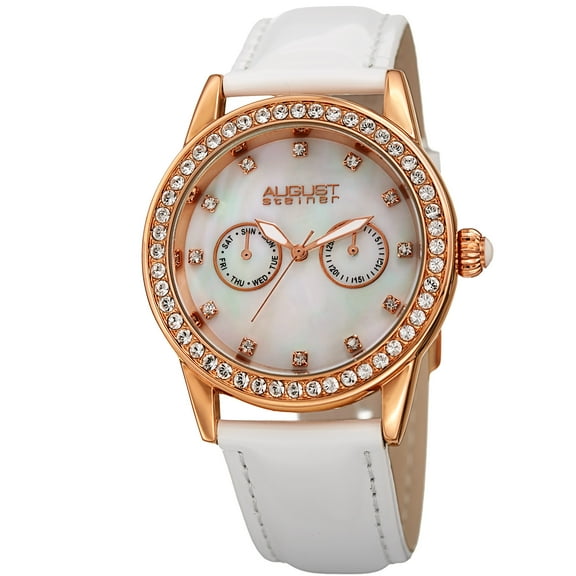 Women's Swarovski Crystal Multifunction Leather Rose-Tone/White Strap Watch