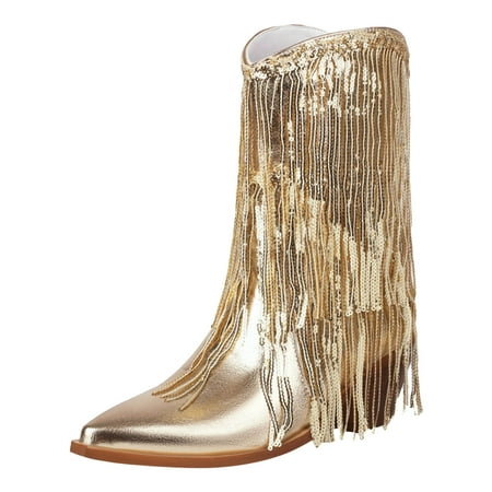 

Ediodpoh Women Ankle Boots Fashionable New Pattern Tassel Decoration Pointed Thick Heel Retro Comfortable Shoes Autumn and Winter On Women s Boots Gold 8